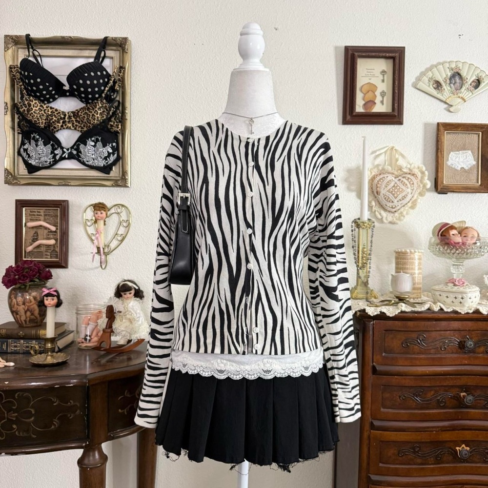 90's scenecore girly grunge graphic zebra print silk blend cardigan